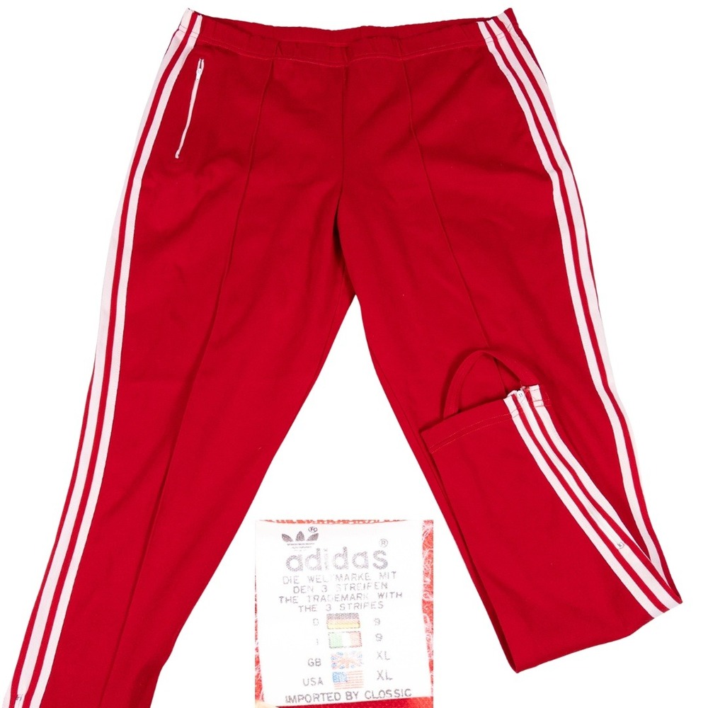Adidas Tracksuit Pants Mens XL Red 70s Vintage German Tag Foot Strap Ankle Zips